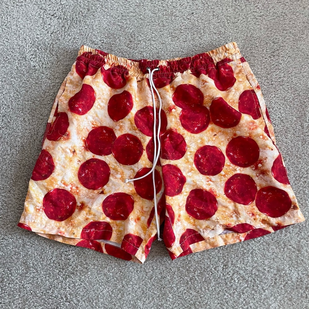 Men’s Rage On Swim Trunk Shorts Pizza Pattern Size L Waist Tie